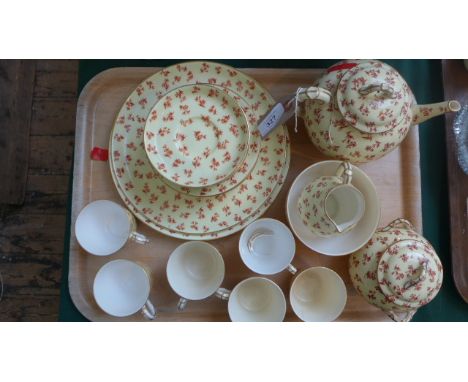Royal Worcester primrose ground brown leaf 6 piece tea service including pot (damage to one cup)