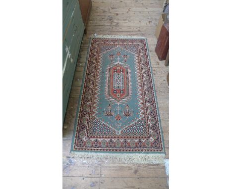Brown and light blue ground tasselled hearth rug (30" x 60")ANTIQUE AND HOUSEHOLD FURNITURE