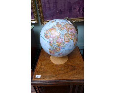 CGE 12" dia World Classic globe of the world with instruction manual, all on circular wooden plinth