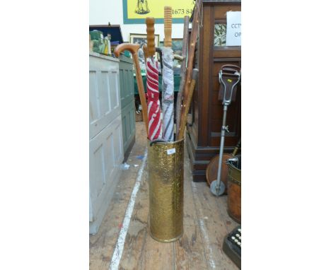 Cylindrical beaten brass umbrella/stick stand including canes, walking sticks, umbrella etc