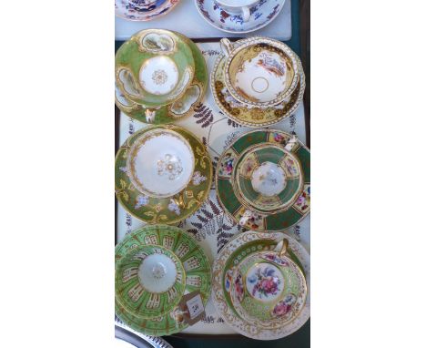 6 Principally green and gilt ground teacups and saucers from popular factories including Minton & Ridgeway etc