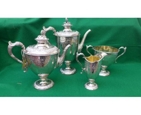 Ornate mid Victorian 4 piece tea set including 2 pots, jug and double-handled sugar basin