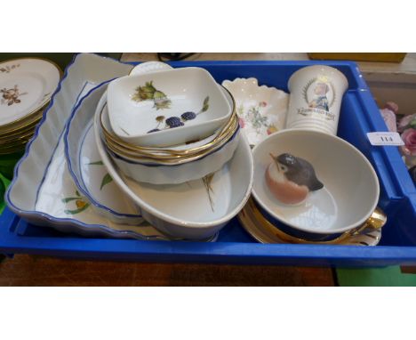 Mixed crockery including an Edward V111 mug, Royal Copenhagen wren ornament, Worcester dishes etc