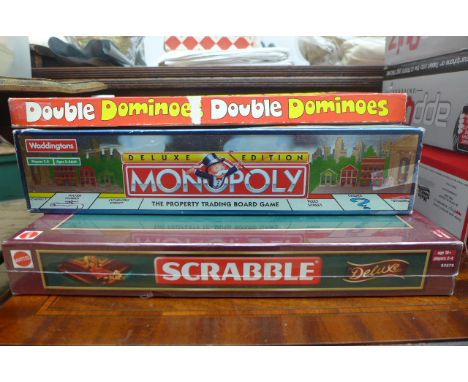 Unused Scrabble board, Monopoly and Child's double Domino game