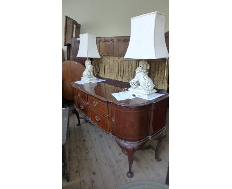 Fine Edwardian inlaid mahogany sideboard on shaped tapering feet united by horizontal stretcher, the lower portion fitted 2 b