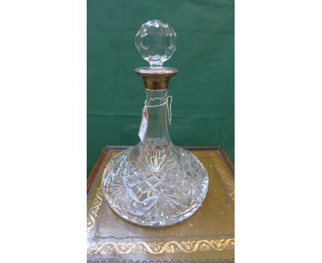 Cut glass Ships port decanter with sterling silver collar