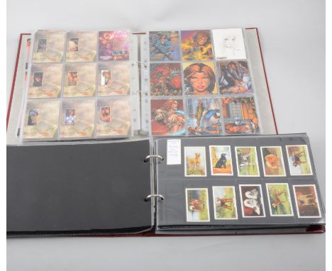 Large collection of cigarette cards, phone cards and trading cards in folders, including Lord of the Rings and Buffy the Vamp
