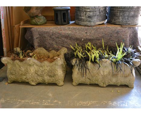 Pair of reconstituted troughs, W95cm, together with another planter, (3)