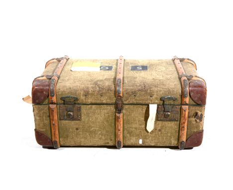 Bound travelling trunk, leather corner mounts, 80cm.