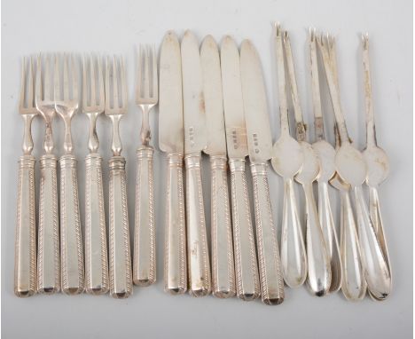 Set of six silver lobster picks, Sheffield 1913; set of silver bladed dessert knives and forks, London 1928 and sundry plated