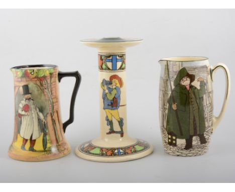 A collection of Royal Doulton Series Ware, a 23cm candle stick "Better Do It Than Wish It Done", two jugs, a pair of 17cm can