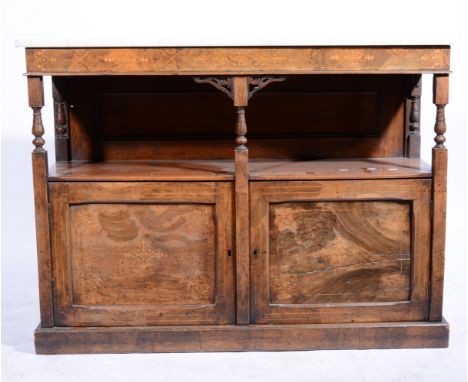 Victorian walnut and marquetry servery, with a marble top over an open shelf, two doors under, plinth base, adapted, width 12