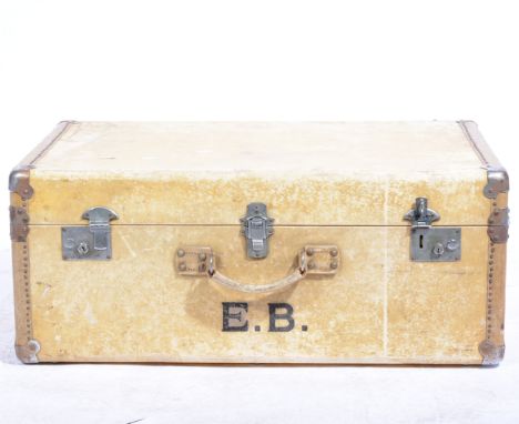 Vellum cased travel trunk, with chromed mounts initialled E B, W76cm x D49cm x H30cm.