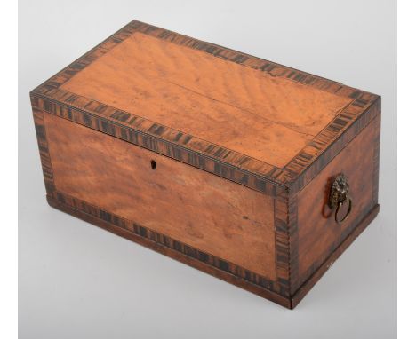 George III mahogany and rosewood banded oblong shape tea caddy, with chevron stringing, interior with four compartments, widt