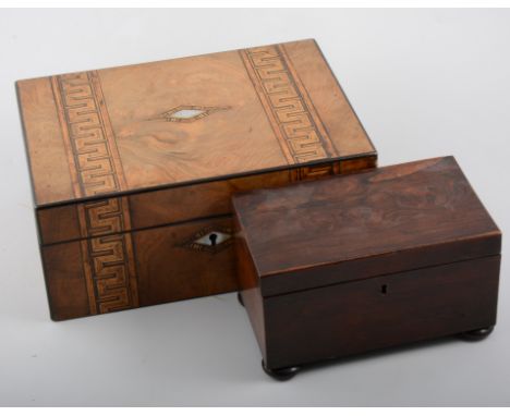 Victorian mahogany tea caddy, rectangular form, boxwood stringing, bun feet, 28cm; another tea caddy; and a walnut writing sl
