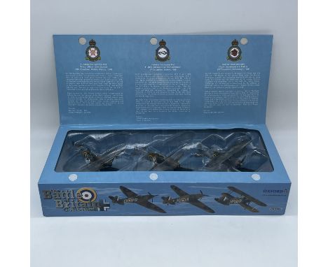 An Oxford Battle of Britain collection aeroplane models,
a Supermarine Spitfire MkI,
A Hawker Hurricane MkI,
A Gloster Gladia