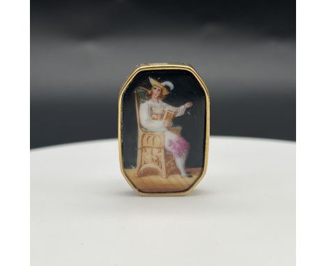 Antique brooch rectangular miniature portrait,
seated gentlemen reading,
35mm x 23mm,
rub over set,
rolled gold,
condition fa