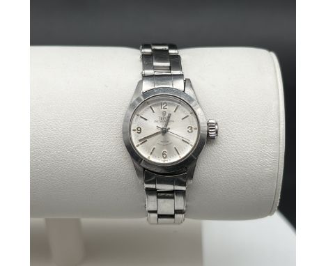 A 1960s Tudor Oyster Princess stainless steel watch,
rotor self wind,
in an oyster case and strap by Rolex,
working order,
wi