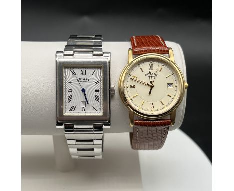 2x gents Rotary watches,
one in original box and working order gold plated with burgundy strap,
the other is a rectangular fa