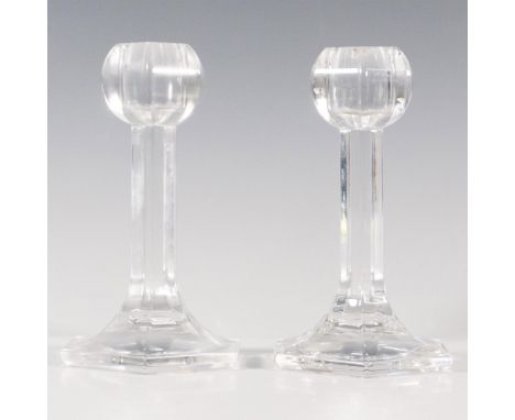 Duo of clear crystal with hexagonal base and globe holders. Orrefors etched backstamp. Dimensions: 5''H x 3''dia, EachManufac