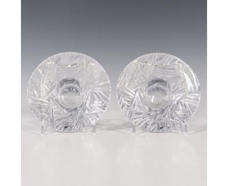 Duo of textured clear crystal, features a circular shape and an abstract linear pattern. Orrefors etched backstamp. Artist: M