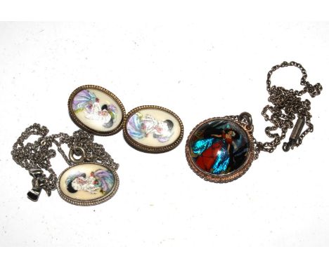 A 1930s T.L.M. (Thomas L. Mott) necklace and earrings with hand painted miniatures decoration, and a silver locket and chain 