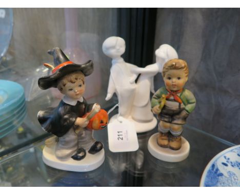 A Halloween figure of a child in witches costume, seated in on a broom holding a pumpkin, together with a Hummel Bugle Boy fi