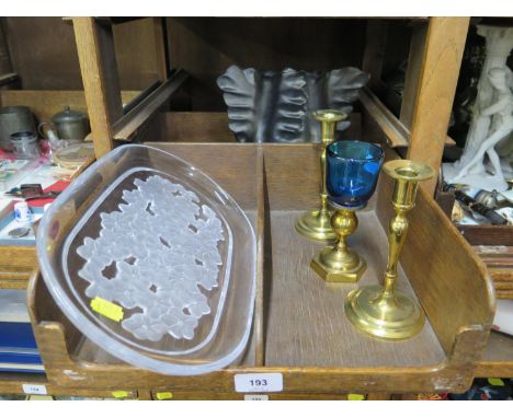 A French relief moulded oval glass tray, depicting flowers, 35 cm wide, a Modernist ceramic vase, 19 cm high, a pair of brass