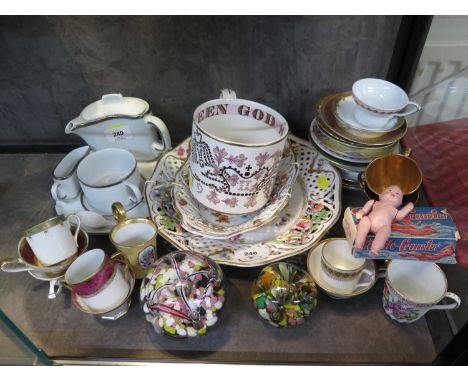 A Wedgwood Queen Elizabeth II Coronation mug, designed by Richard Guyatt, Two Schumann reticulated bowls with floral designs,