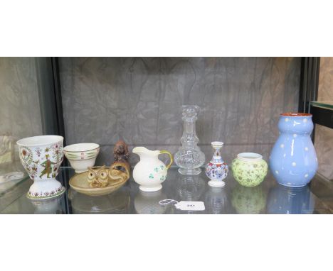 A Belleek Shamrock pattern milk jug, 9cm, stoneware owl candlestick, Kurt Hammer goblet and other ceramics (9) 
