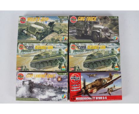 Airfix - Six 1:72 scale Airfix plastic model kits. Lot includes #01322 Willys Jeep; #01323 GMC Truck; #01306 75mm Assault Gun