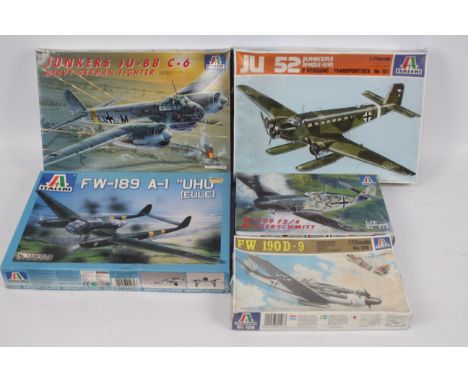 Italeri - Five boxed 1:72 scale plastic German WW2 military aircraft from Italeri. Lot includes #022 Junkers Ju88 C-6; #1239 