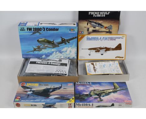 Tamiya - Trumpeter - Cyber Hobby - Airfix - Fine Molds - Five boxed military aircraft plastic model kits in various scales. L