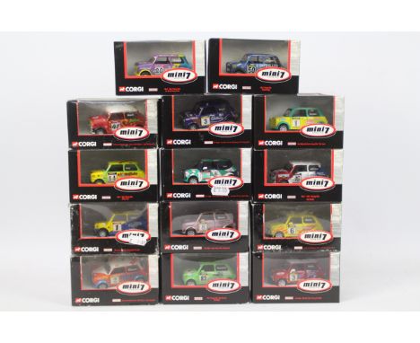 Corgi - 14 x boxed Mini models in 1:36 scale, most are Mini 7 Racing Club models including number 14 Mickey Bray # CC82257, n