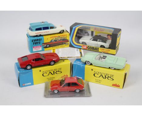 Corgi - Solido - DeAgostini - 5 x boxed / carded cars including Corgi Cadillac Superior Ambulance # 437, Ford Mustang, Vauxha