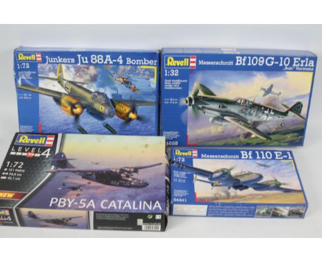 Revell - Four plastic military aircraft model kits in several scales by Revell. Lot consists of #04341 Messerschmitt Bf110E-1