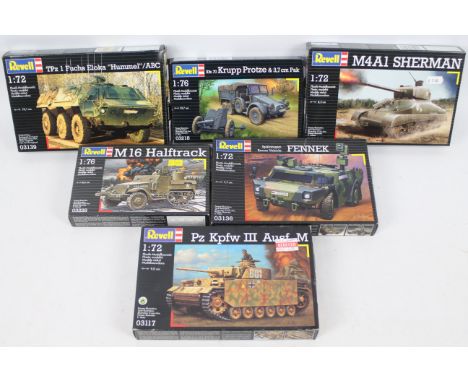 Revell - Six boxed plastic military vehicle model kits in 1:72 and 1:76 scales. Lot includes #03139 1:72 TPz Fuchs Eloka 'Hum