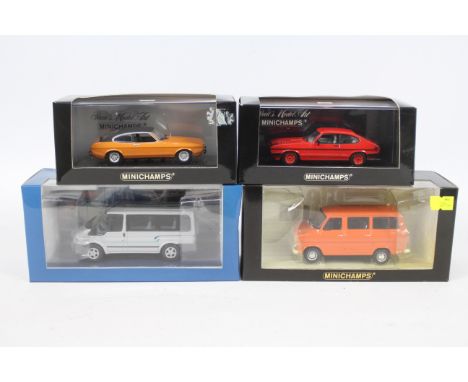 Minichamps - 4 x boxed Ford models in 1:43 scale, Capri MkII 1 of 2016 made, Capri III GT4 1 of 2016 made, Transit Mk1 Bus 1 