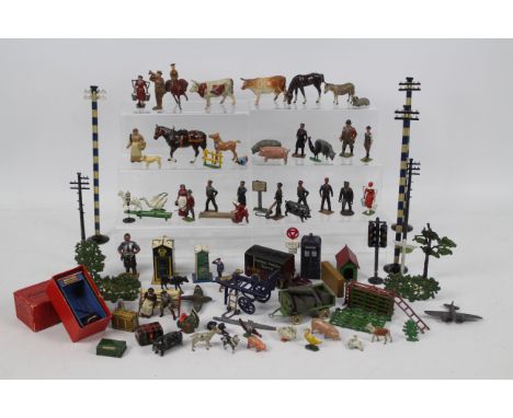 Dinky Toys - Johillco - Hornby - Britains - An unboxed group of diecast model accessories, railway accessories, farm and rail