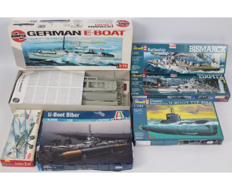 Airfix - Revell - Italeri - Kovozavody - 6 x boxed model kits including Bizmark and Tirpitz in 1:570 scale, U-Boat Biber in 1