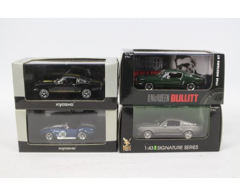 Kyosho - Yat Ming - 4 x boxed models in 1:43 scale, Steve McQueen Bullitt Ford Mustang, Shelby GT-350H, Shelby Cobra 427 S/C 