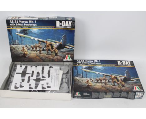 Italeri - Two boxed Italeri #1356 1:72 scale AS.51 Horas Mk.I with British Paratroops plastic model kits. Both kits appear Mi