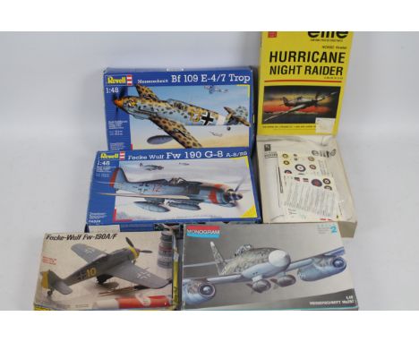 Monogram - Revell - Hobby Craft - Testors - Five boxed plastic miliary aircraft model kits in various scales. Lot includes Ho