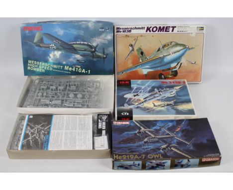 Dragon - Meng - Hasegawa - ICM - Four boxed German WW2 military aircraft plastic model kits in various scales. Lot consists o