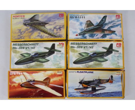 PM Models - Six boxed plastic military aircraft 1:72 scale model kits by PM Models. Lot includes PM-210 Horten Ho-229 A-1; PM