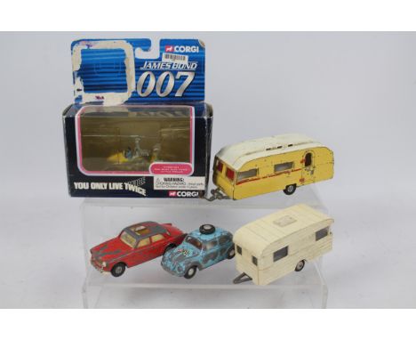 Corgi - Spot-On - Norev - 5 x vehicles including Volkswagen Beetle Rally Car, Volvo 122S, Tourist Caravan and similar others.