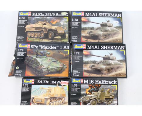 Revell - Six boxed plastic military vehicle model kits in 1:72 and 1:76 scales. Lot includes #3113 1:72 SPz 'Marder' 1 A3; #0