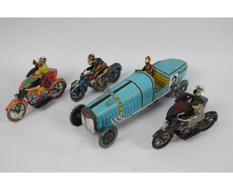 Paya - 4 x vintage style clockwork pressed metal models, a Motorcycle, 2 x Motorcycle and Sidecar Combinations and a Racing c