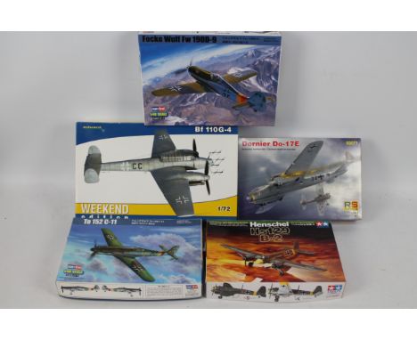 RS Models - Tamiya - Hobbyboss - Eduard - Five boxed German WW2 military aircraft plastic models kits in various scales. Lot 