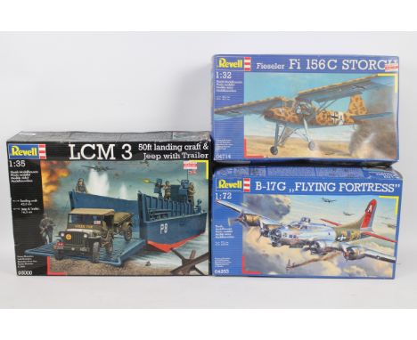 Revel - Three boxed plastic model kits in various scales from Revell. Lot consists of #03000 1:35 LCM3 50ft Landing Craft &am